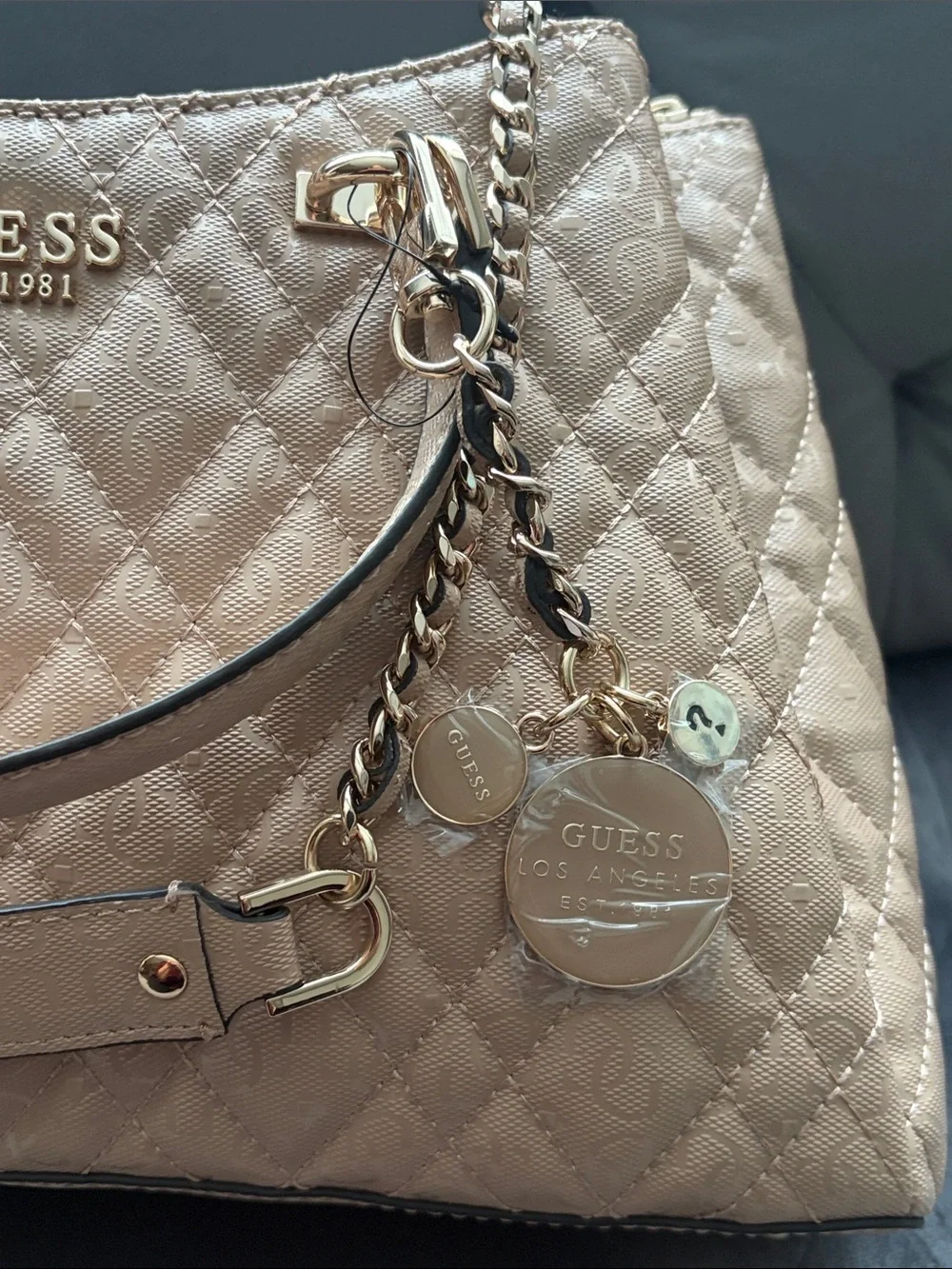 GUESS Quilted Satchel in Taupe with Gold Hardware